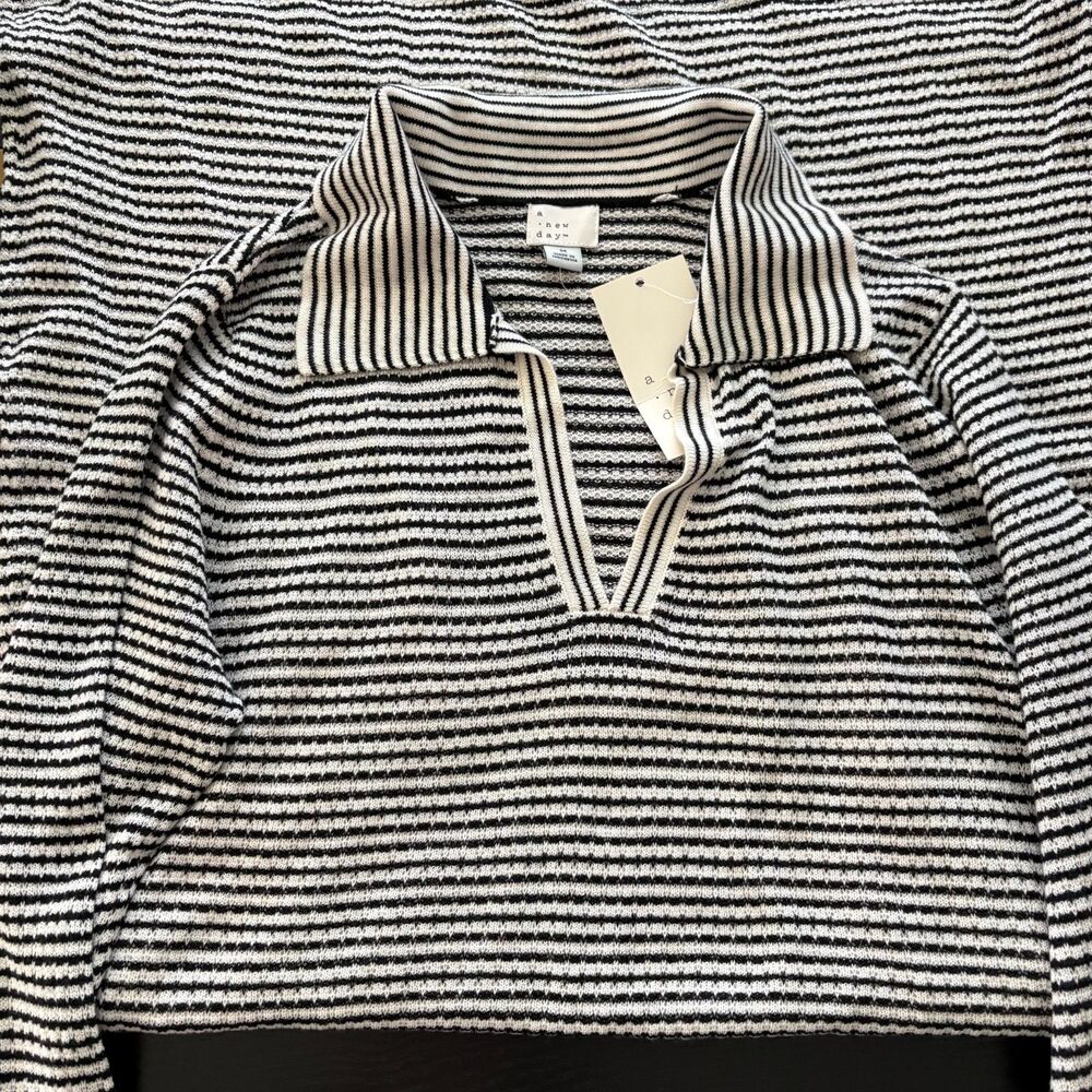 A New Day Black White Striped Maxi Dress Collared V Neck Long Sleeve Lined Sz M - Picture 8 of 9